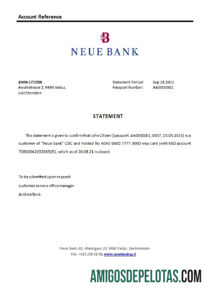 Referência de encerramento do Liechtenstein Neue Bank baixar para verificação